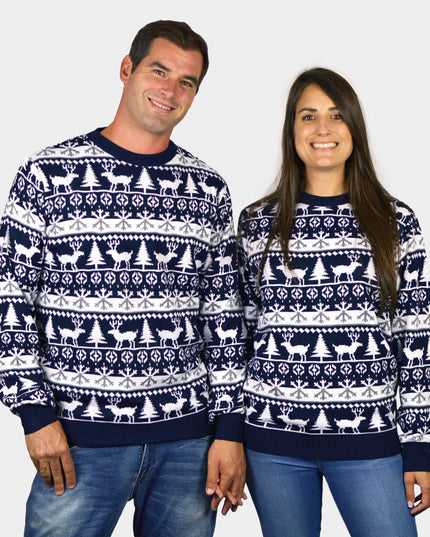 Damen-Weihnachtspullover mit Streifen, Rentieren und Bäumen