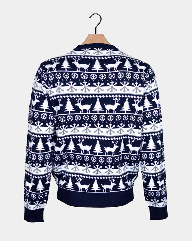 Couples Christmas Sweater with Stripes, Reindeer, and Trees