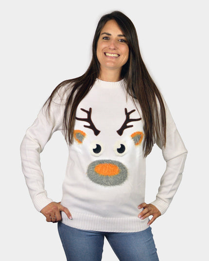 Weißer Weihnachtspullover für Damen mit 3D-Rentier