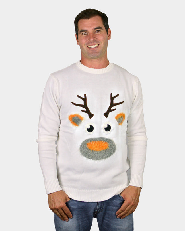 Christmas Sweater for Men White with 3D Reindeer