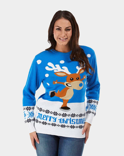 Hellblauer Weihnachtspullover für Damen mit Rentiermotiv auf dem Eis