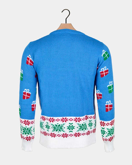 Women's Sky Blue Christmas Sweater with Rudolph and Santa