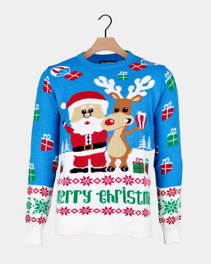 Women's Blue Sky Christmas Sweater with Rudolph and Santa Claus