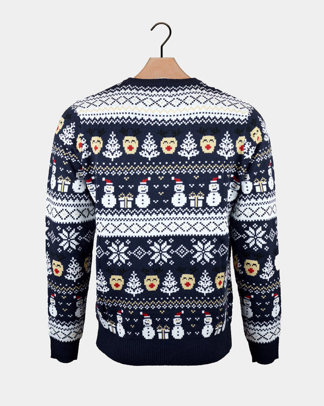Women's Blue Christmas Sweater with Snowmen and Trees