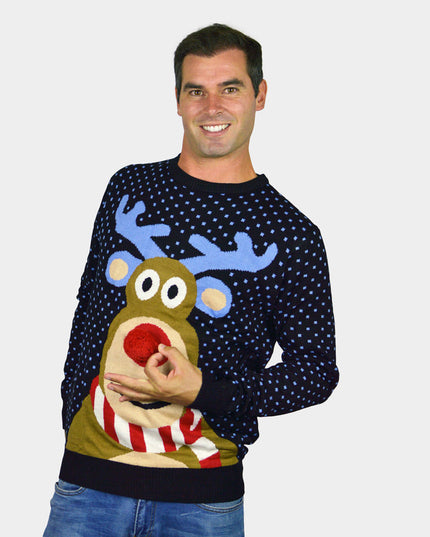 3D Blue Christmas Sweater for Men with Red-Nosed Reindeer