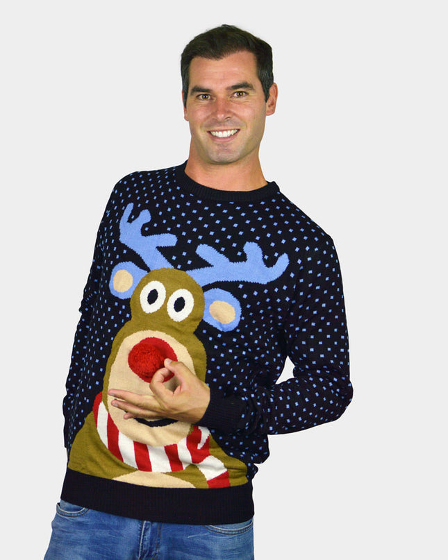 3D Blue Christmas Sweater for Men with Red-Nosed Reindeer