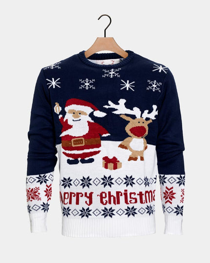 Blue Christmas Sweater for Men with Santa and Rudolph