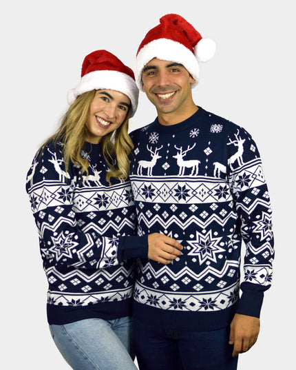 Women's Blue Christmas Sweater with Reindeer and Nordic Star