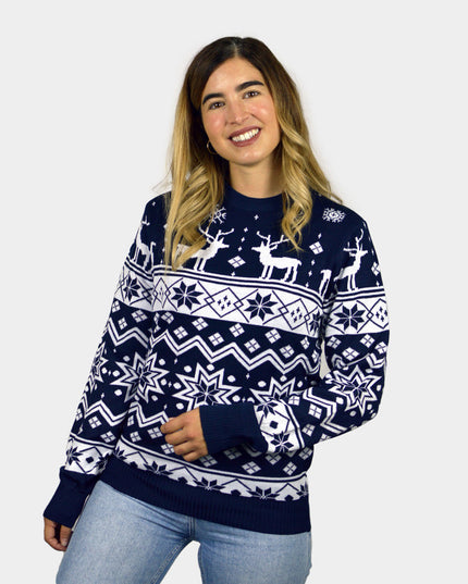 Women's Blue Christmas Sweater with Reindeer and Nordic Star