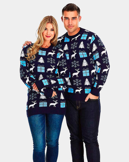 Women's Blue Christmas Sweater with Reindeer, Gifts, and Trees