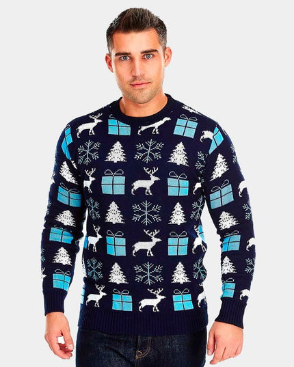 Blue Christmas Sweater for Men with Reindeer, Gifts, and Trees