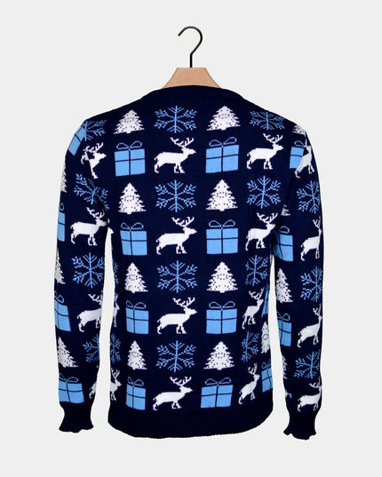 Blue Christmas Sweater for Men with Reindeer, Gifts, and Trees