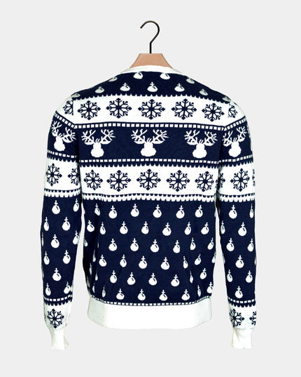 Blauer Weihnachtspullover für Paare mit Rentier- und Schneemotiv
