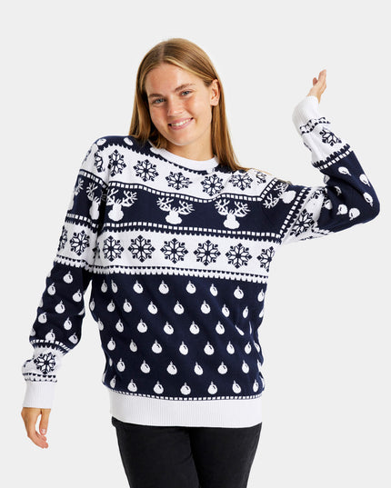 Women's Blue Christmas Sweater with Reindeer and Snow