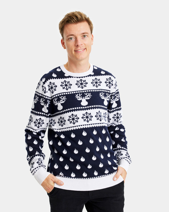 Blue Christmas Sweater for Men with Reindeer and Snow