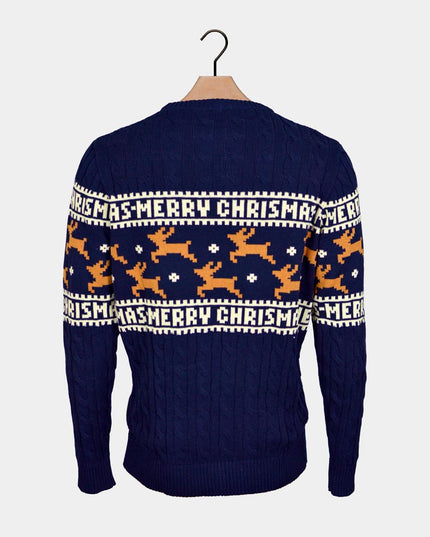 Schicker blauer Herrenpullover aus Bio-Baumwolle mit Rentiermotiv