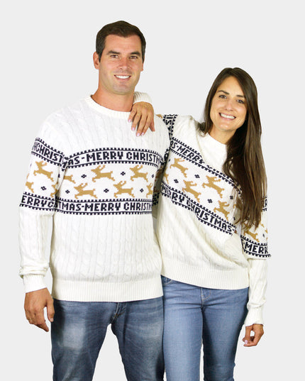 Schicker weißer Weihnachtspullover für Paare mit Rentiermotiv – Bio-Baumwolle
