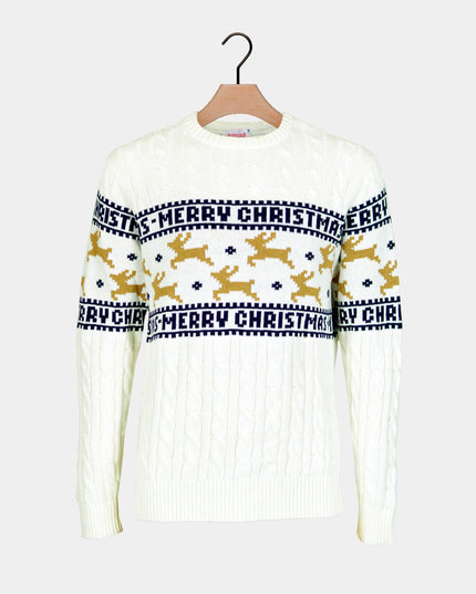 Chic White Family Christmas Sweater with Reindeer in Organic Cotton