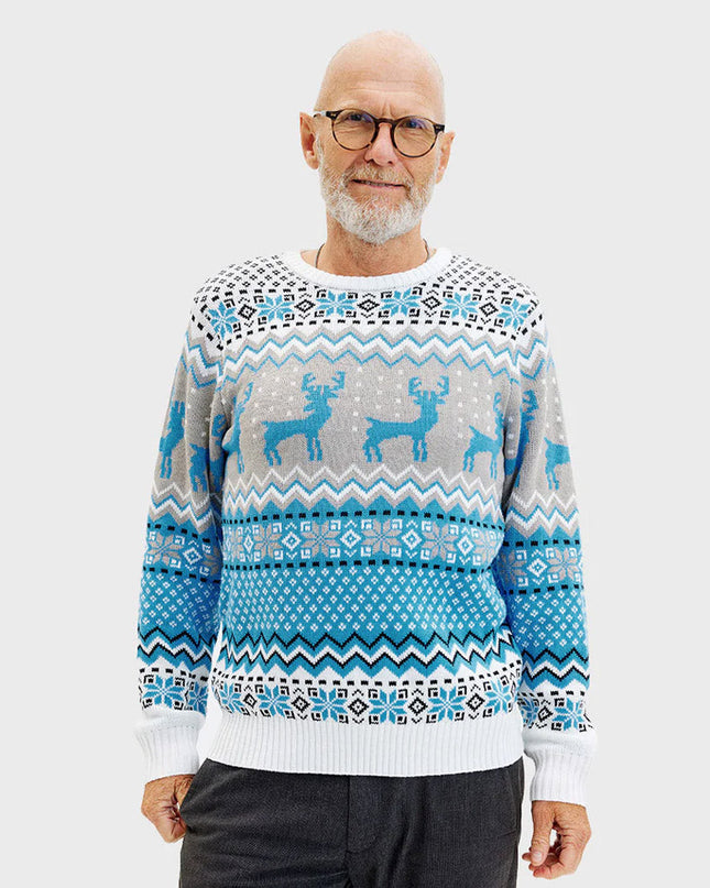 Chic White, Gray, and Blue Christmas Sweater with Reindeer