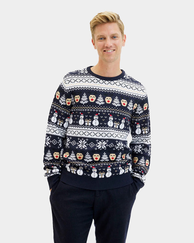 Couple's Christmas Sweater Blue with Snowmen and Trees