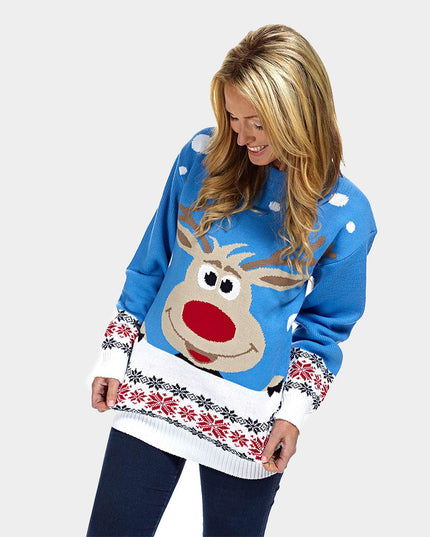Sky Blue Couple Christmas Sweater with Reindeer and Snow