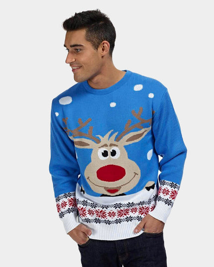 Sky Blue Couple Christmas Sweater with Reindeer and Snow