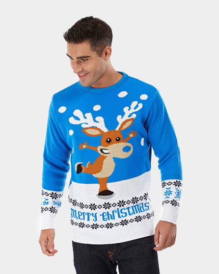Hellblauer Weihnachtspullover für Damen mit Rentiermotiv auf dem Eis