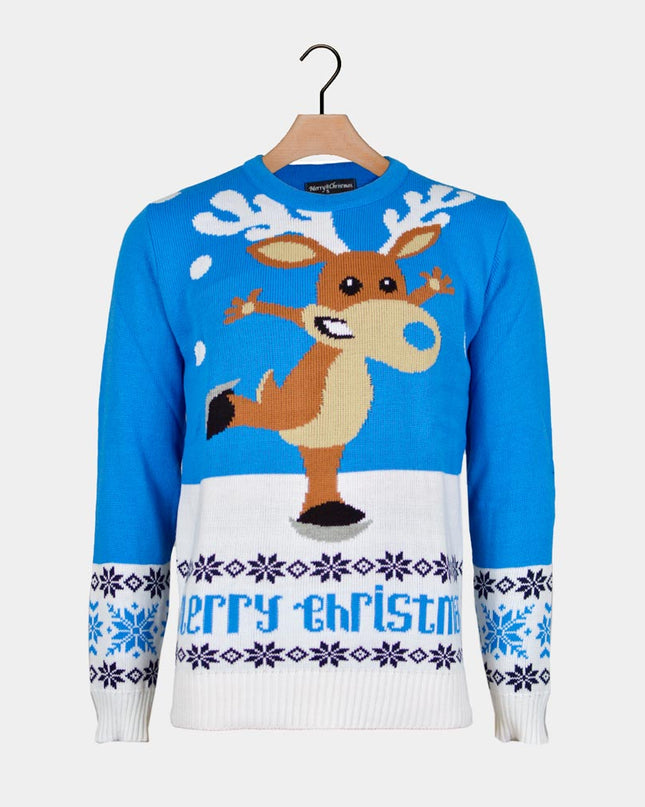 Sky Blue Sweater with Skating Reindeer Couple