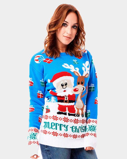 Hellblauer Weihnachtspullover für Paare mit Rudolph und dem Weihnachtsmann