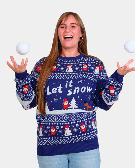 Blauer Weihnachtspullover für Paare mit dem Aufdruck „Let it Snow“