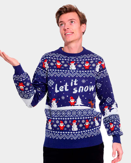 Blauer Weihnachtspullover für Paare mit dem Aufdruck „Let it Snow“