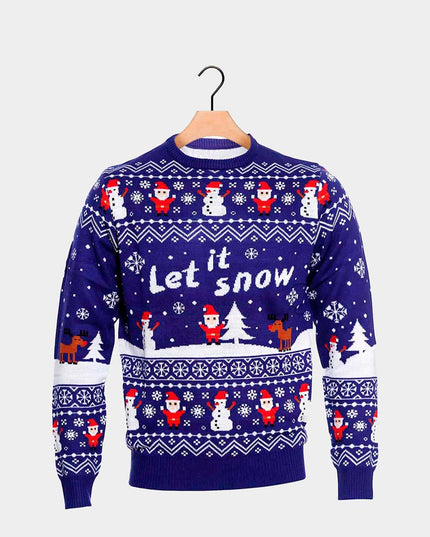 Blauer Weihnachtspullover für Paare mit dem Aufdruck „Let it Snow“