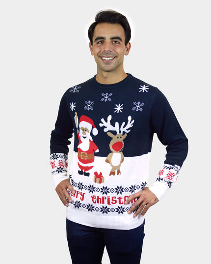 Blue Santa and Rudolph Couples Christmas Sweater