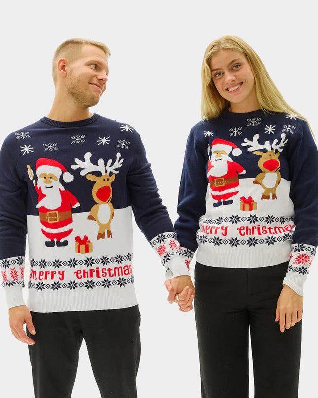 Blue Santa and Rudolph Couples Christmas Sweater