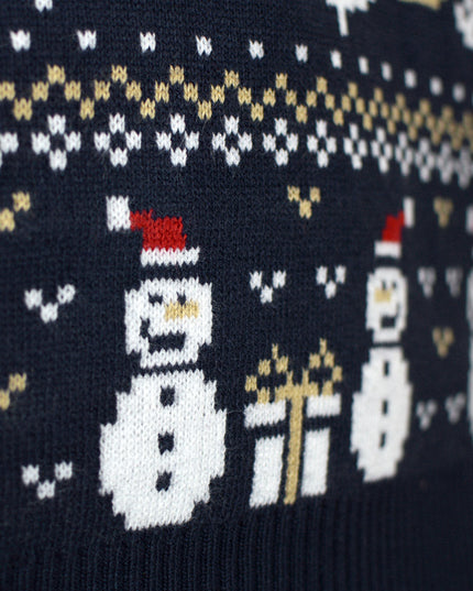 Couple's Christmas Sweater Blue with Snowmen and Trees