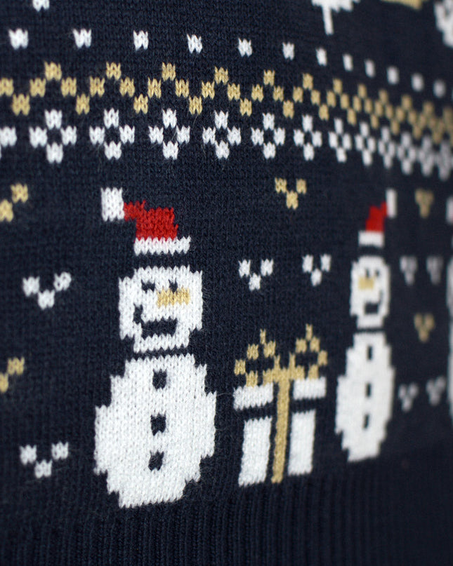 Couple's Christmas Sweater Blue with Snowmen and Trees