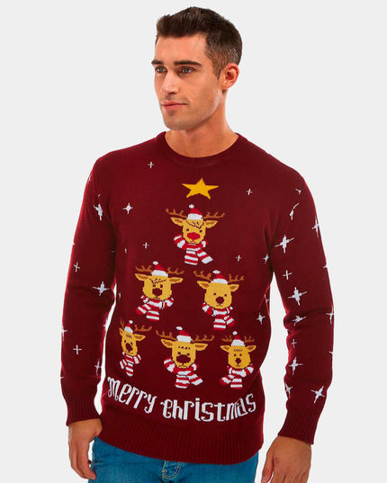 Garnet Christmas Sweater for Couples with Reindeer and Stars