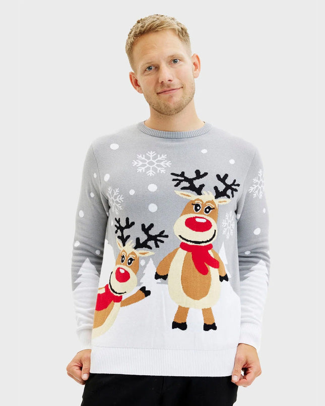 Gray Couples Christmas Sweater with Cute Reindeer