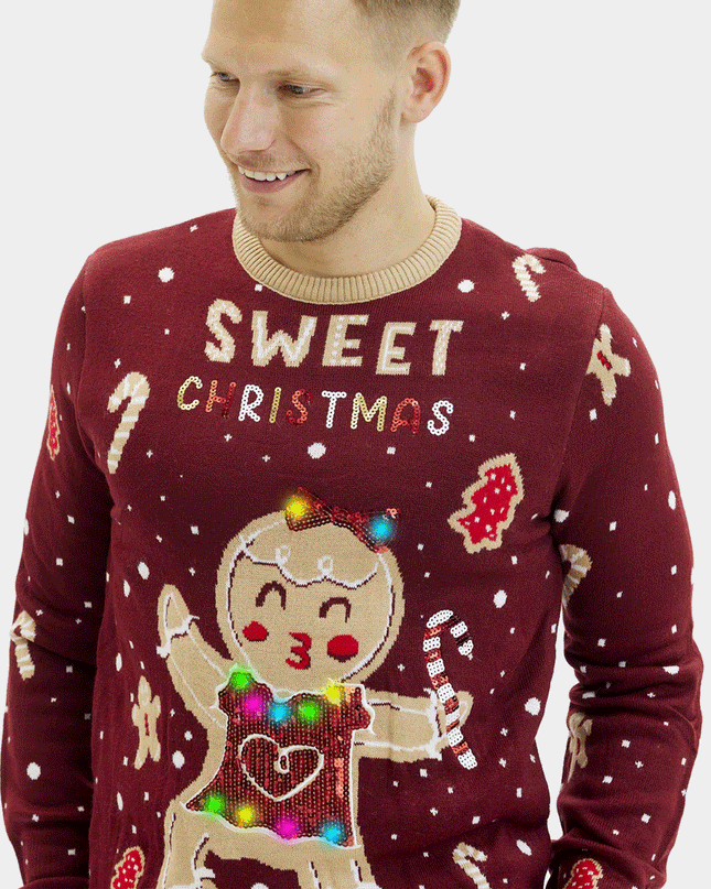 LED Lighted Red Gingerbread Cookie Couple Sweater