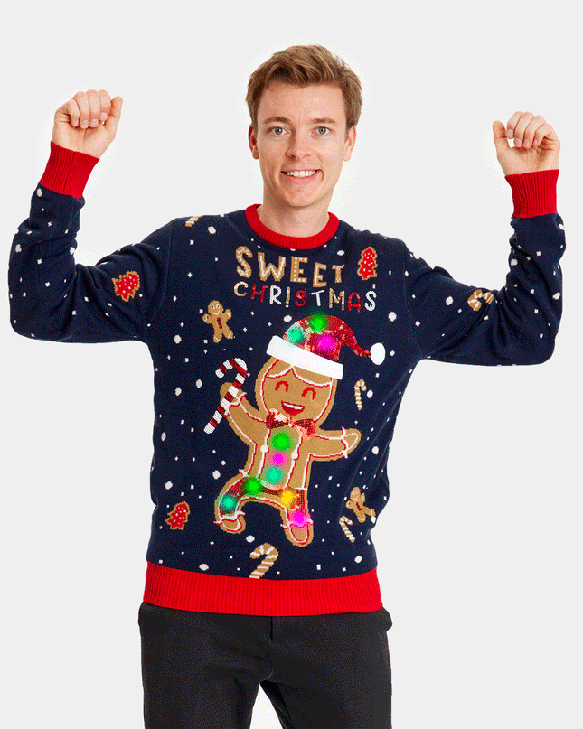 LED Ginger Cookie Christmas Sweater for Couples - Blue