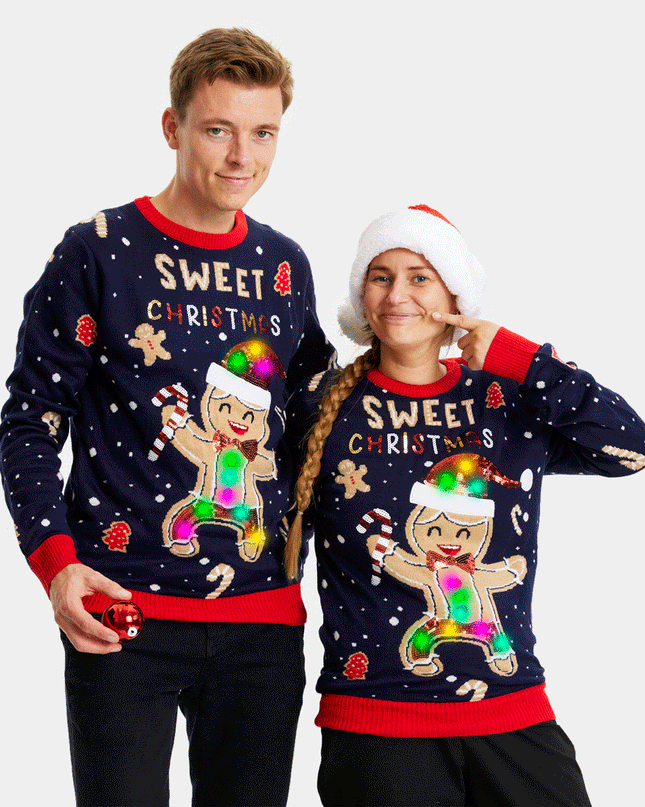 LED Ginger Cookie Christmas Sweater for Couples - Blue