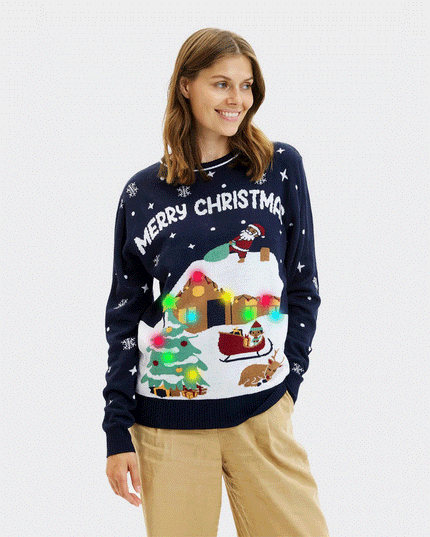 Light-Up LED Blue Merry Christmas Couple Sweater