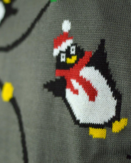 LED Gray Couples Christmas Sweater with Penguins
