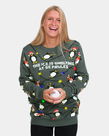 LED Gray Couples Christmas Sweater with Penguins
