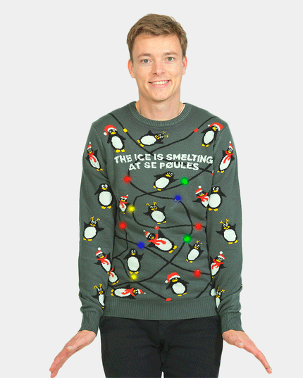 LED Gray Couples Christmas Sweater with Penguins