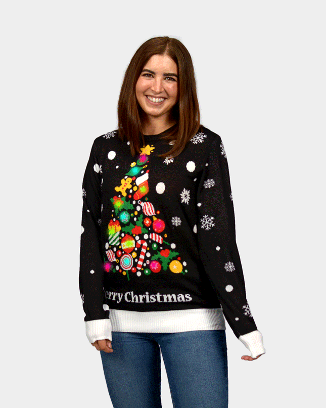 LED Black Christmas Sweater for Couples - Christmas Tree Design