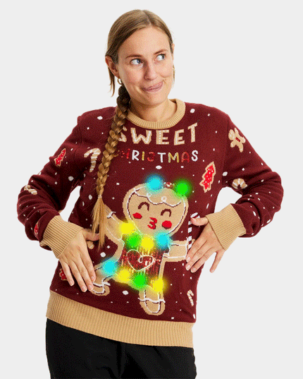 LED-Weihnachtspullover für Paare mit Ingwerplätzchen-Motiv – Rot