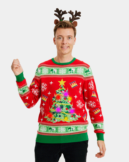 LED Red Christmas Sweater for Couples - Christmas Tree Design