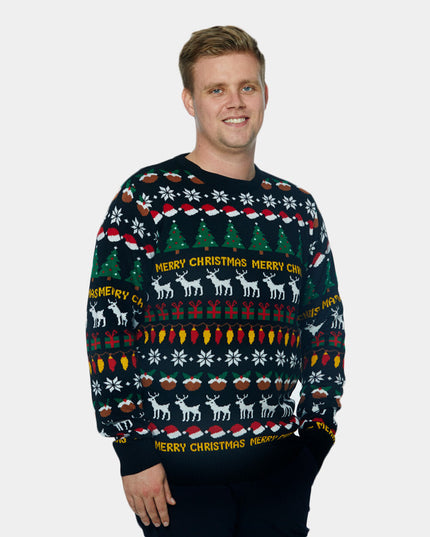 Schwarzer Damenpullover mit Bäumen, Rentieren und Geschenken