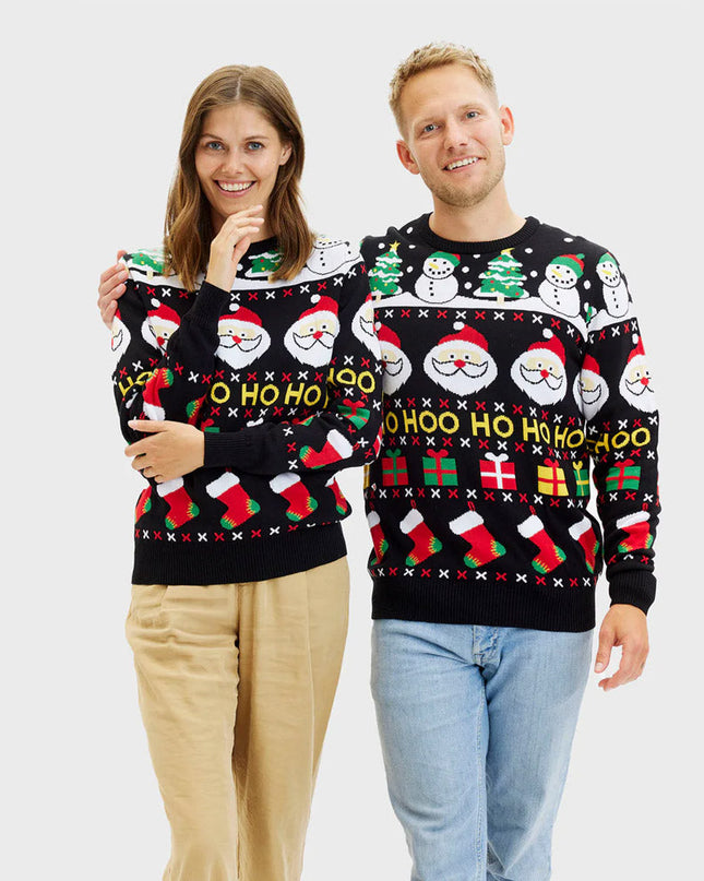 Organic Cotton Couple Christmas Sweater with Santa, Gifts, and Snowmen